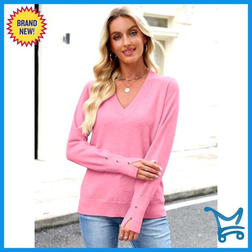 V Neck Pullover Sweater Long Sleeve Loose Knit Business Casual Work Blouse - Picture 2 of 7